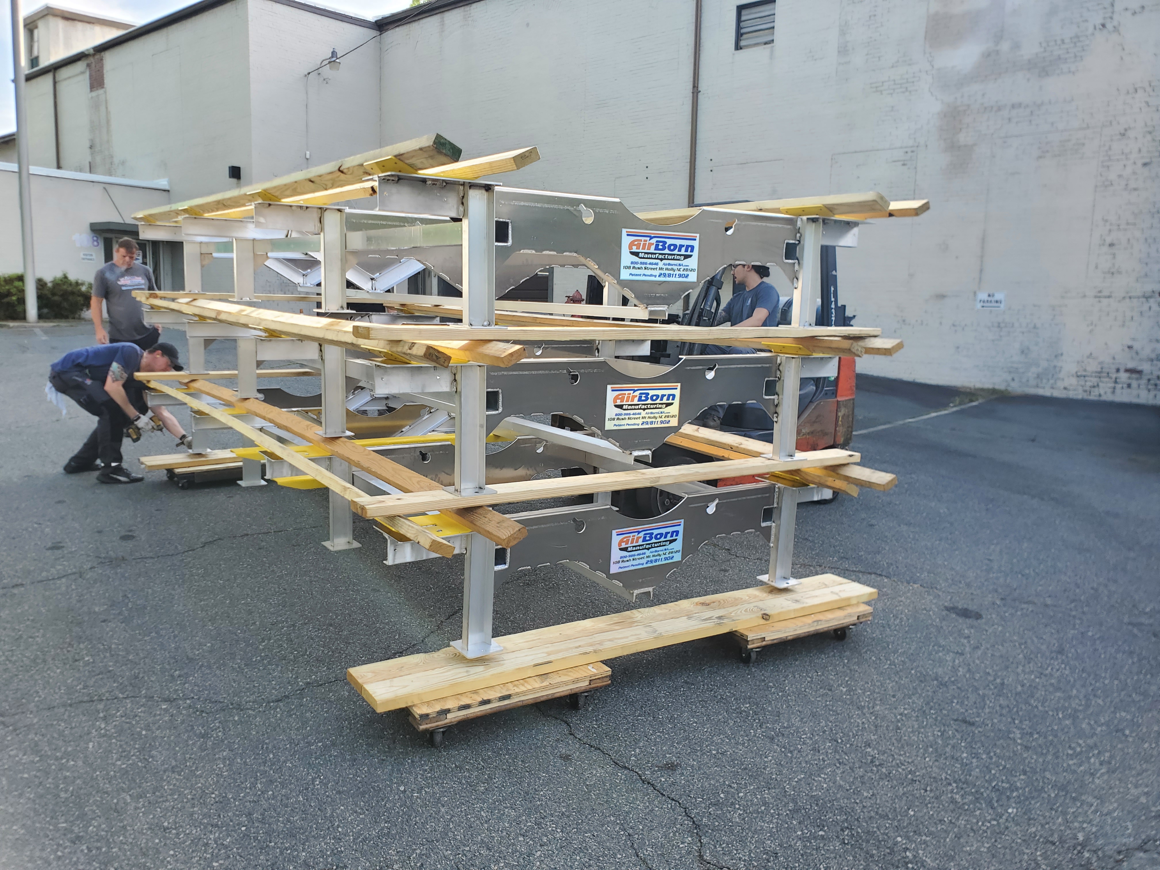 Welded metal cart frame assembly prepared for shop handling.